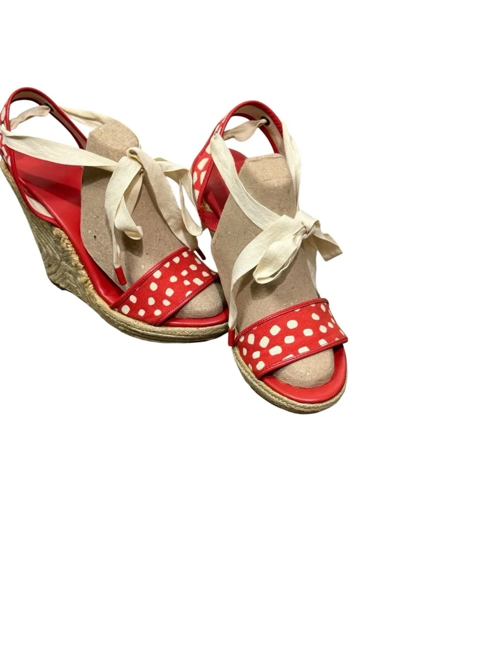 Diane von Furstenberg red canvas polka dot espadrille wedge Sandals